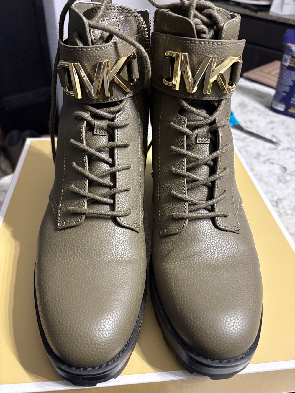MICHAEL KORS Olive Green Leather Lace-Up Ankle Boots with Gold MK Hardware